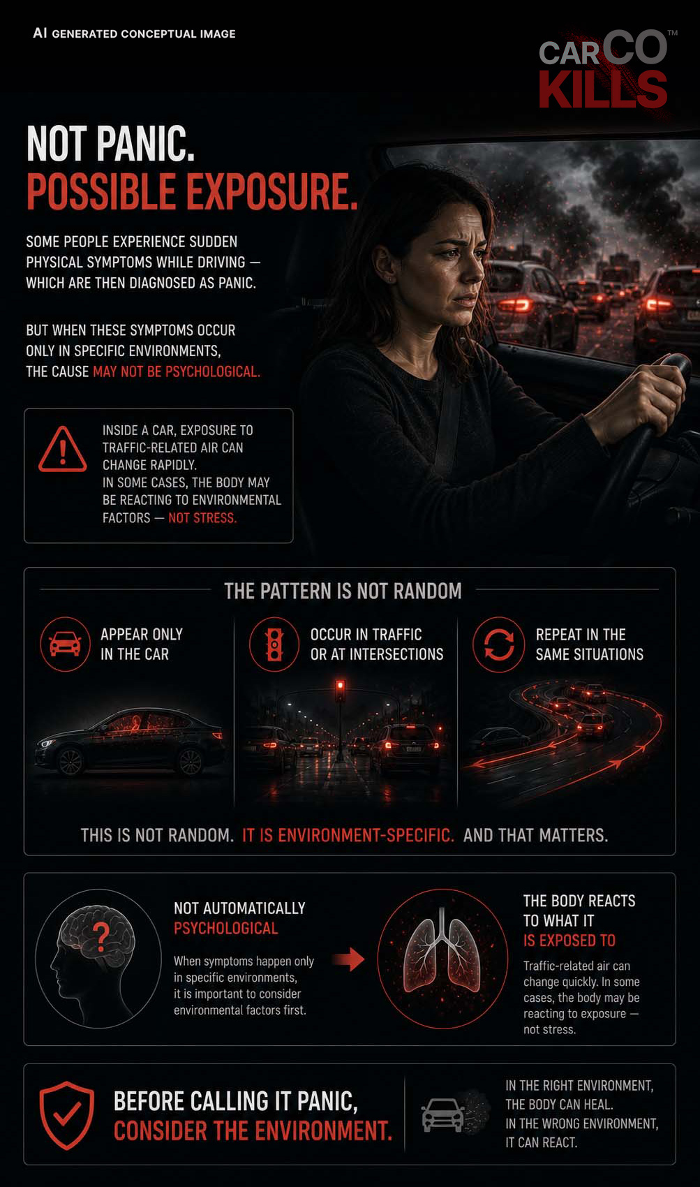 Infographic illustrating how carbon monoxide and traffic-related air exposure inside vehicles may be misdiagnosed as panic attacks, showing environment-specific symptom patterns occurring during driving, in traffic, and at intersections.